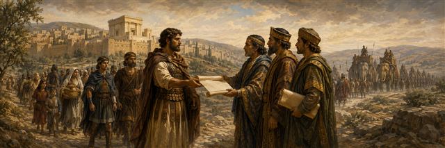 Judas meets royal envoys after battle while families return toward Jerusalem and the restored temple